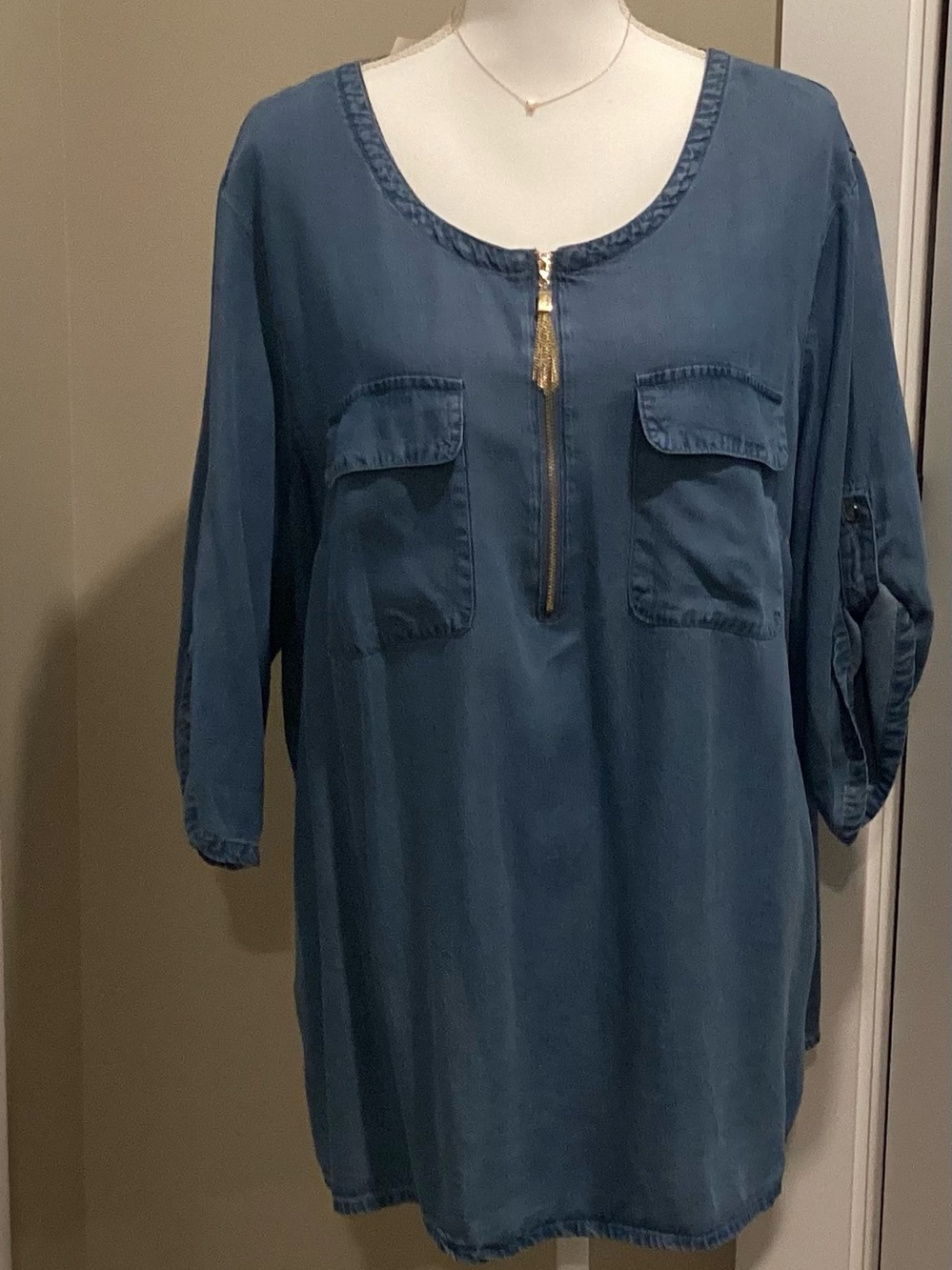 Jones New York Teal Zip-Front Tunic with Chest Pockets